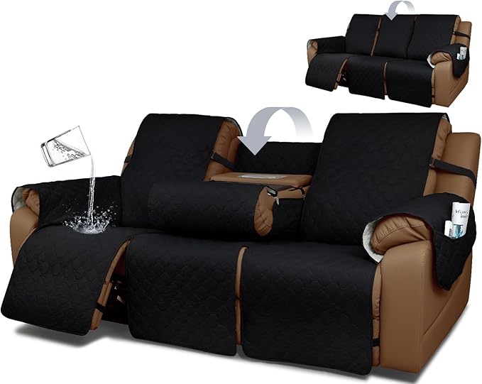 Waterproof Recliner Sofa Covers with Flipped Middle Backrest Washable Recliner Couch Covers Non-Slip with Elastic Straps Furniture Protector for Kid Dogs Pets (Black)