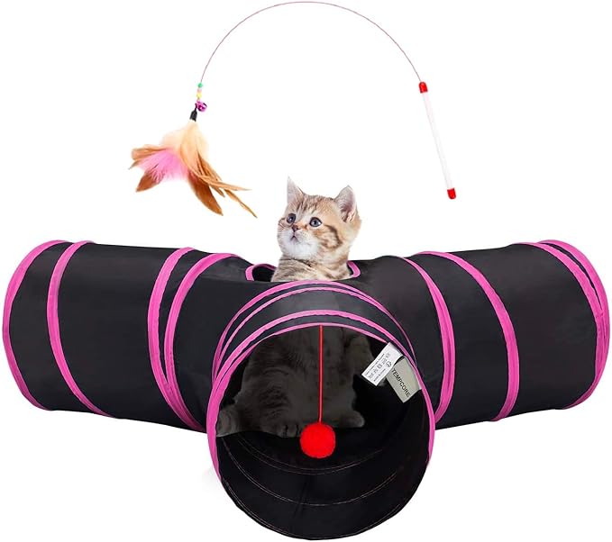 Tempcore Cat Tunnel for Indoor Cats, 3 Way Collapsible Pet Play Tunnel with Teaser Wand, Peek Holes & Hanging Ball, Interactive Tube for Kittens & Rabbits, Black & Rose Red