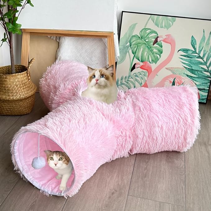 3-Way Collapsible Cat Tunnel Tube Toy Pink Plush — Interactive Play Tunnel with Hanging Ball & Peek Hole for Indoor Cats, Kittens, Puppies & Rabbits | Hours of Fun & Exercise