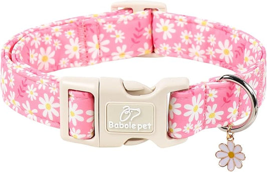 Daisy Dog Collar Pink Girl Dog Collars for Large Dogs - Lightweight Adjustable Spring/Summer Floral Female Dogs Everyday Collar with Safety Buckle L