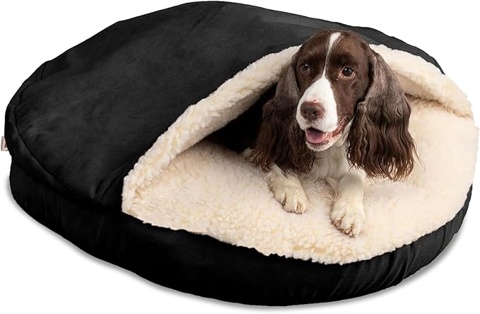 Snoozer Cozy Cave Dog Bed - Indoor Dog Bed with Cover Cave, Covered Calming Burrow for Small Sized Pets with Blanket Attached, Enclosed, Removable Washable Cover - Small, Black
