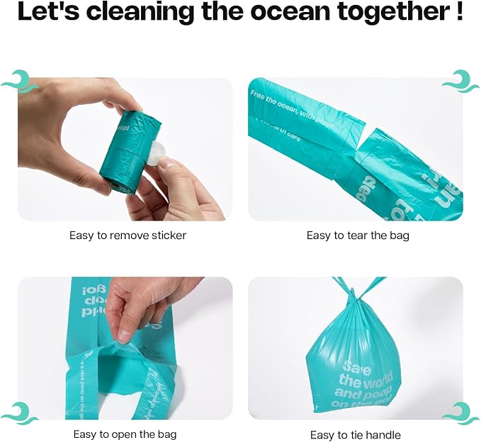 Dog Poop Bags with Handles 144 Counts - Ocean-Recycled Plastic, Extra Thick Leak-Proof Pet Poop Bags for Dog Walking, Unscented