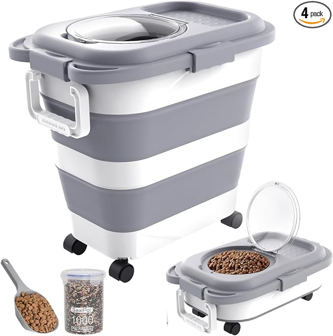 HOYTAMDAR 25-28lbs Dog Food Storage Container, Collapsible Dog Food Container, Wheels, Handle, Airtight Pet Food Storage Container, Scoop, Small Dry Container For Dog Cat Bird Food