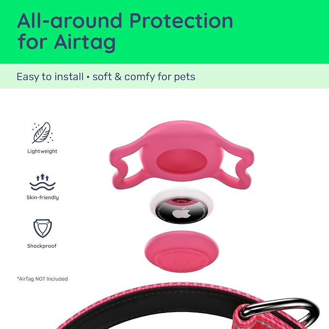 Airtag Dog Collar, Reflective Ultra-Durable Nylon Padded with QR Buckle & IP68 Waterproof Air Tag Holder Compatible for Apple AirTag, Comfortable for Small Medium Large Dogs (Hot Pink,XL)