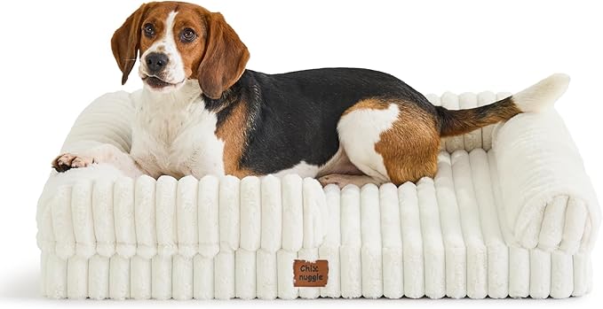 Orthopedic Dog Bed for Large Dogs, Washable Dog Bed with Faux Rabbit Fur Waterproof Cover, High Density Egg Crate Foam Support with 3-Sided Bolsters for Senior Dogs, Non-Skid Bottom,35x28x7, Cream