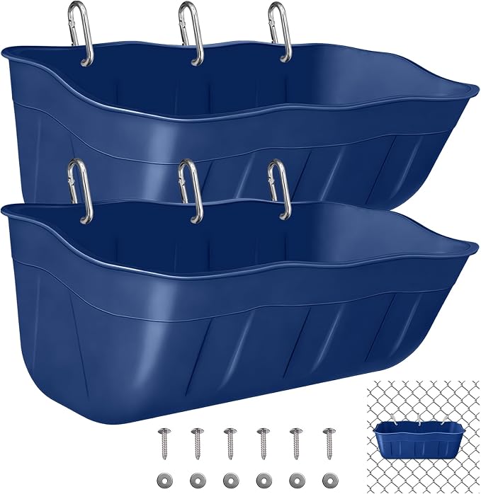 Hanging Goat Feeders,Chicken Feeder Waterer,Large Feed Trough 7.5 Quart 2 Pack,Hanging Fence Feed Trough for Poultry Livestock,Blue