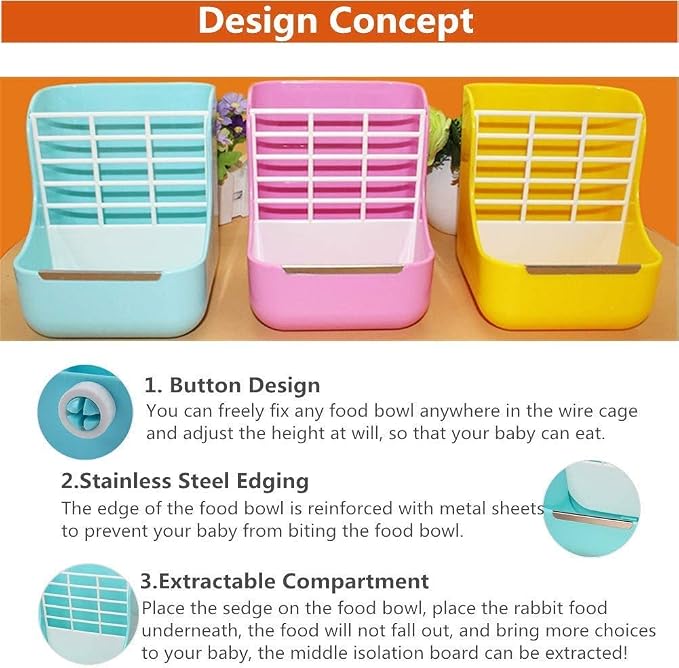Rabbit Supplies with Bowl & Hay Feeder - Accessories for Bunnies & Guinea Pigs, 6x6x7 Inches (Blue)