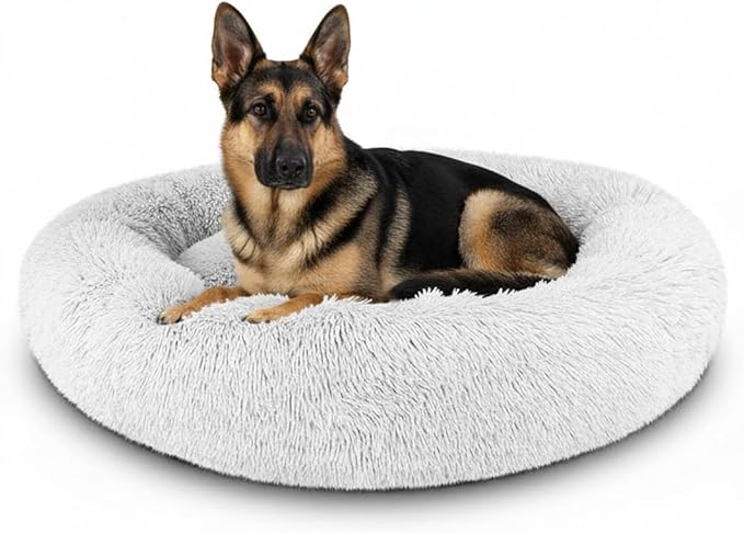 The Dog’s Bed Calming Donut Dog Bed, Plush Faux Fur Round Cuddler Nest – CertiPUR-Certified Foam, One-Piece Design, Raised Bolster – Large (36"), Ice White