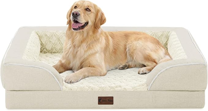 Orthopedic Dog Beds for Large Sized Dogs 36x27 Inch, Waterproof Egg Crate Foam Dog Sofa Bed with Removable Washable Cover Big Pet Couch with Bolster & Non-Slip Bottom, Beige