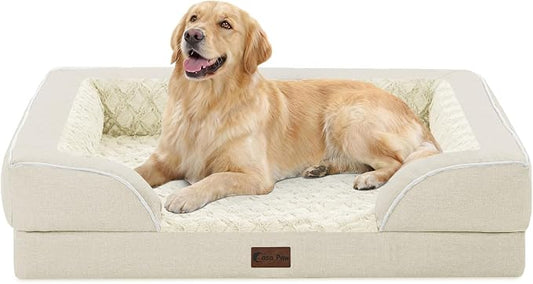 Orthopedic Dog Beds for Large Sized Dogs 36x27 Inch, Waterproof Egg Crate Foam Dog Sofa Bed with Removable Washable Cover Big Pet Couch with Bolster & Non-Slip Bottom, Beige