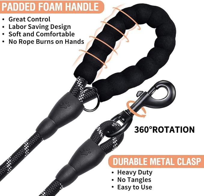 COOYOO 2 Pack Dog Leash 6 FT Heavy Duty - Comfortable Padded Handle - Reflective Dog Leash for Medium Large Dogs with Collapsible Pet Bowl Set 7-Black+Orange