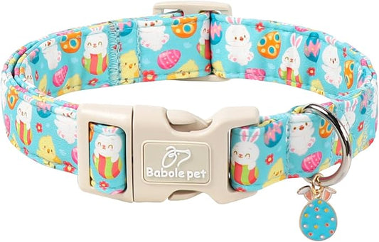Easter Dog Collar for Large Dogs - Cute Easter Egg Hunt Dog Collars for Boy Girl Dogs, Playful Bunny & Chick Print, Lightweight Adjustable Spring Holiday Dog Collar L