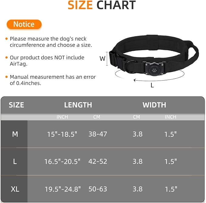Tactical AirTag Dog Collar, 100% Waterproof Integrated Apple Air Tag Dog Collars with Hard PC AirTag Holder, Adjustable Military Collar with Handle, GPS Dog Collar for Medium Large Dogs(Black,L)