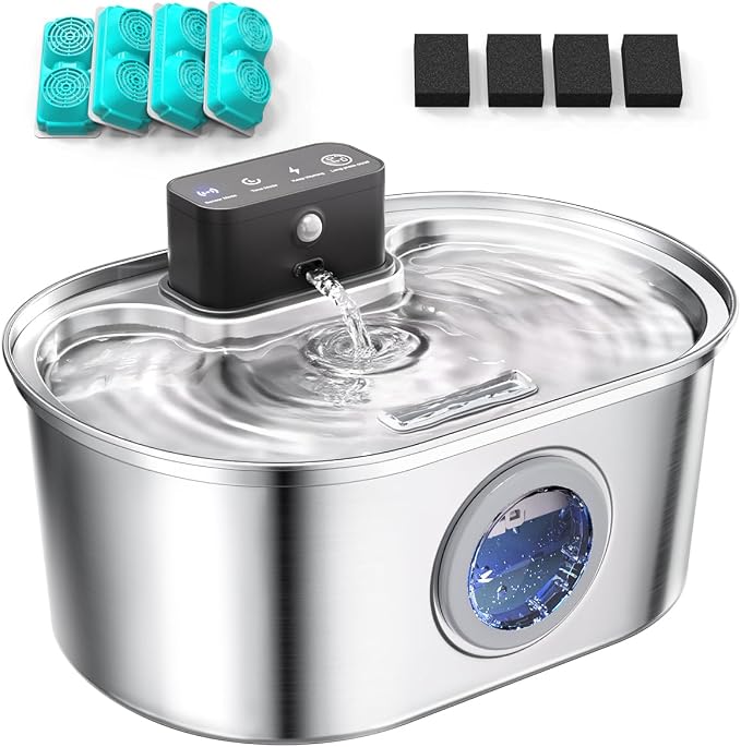 Cat Water Fountain Cordless, Stainless Steel Pet Water Fountain Wireless – 3.2L/108oz Battery Operated Automatic Water Dispenser for Cats Indoor, with Motion Sensor & Quiet Pump (4 Filter & Sponge)
