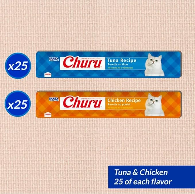 INABA Churu Lickable Grain-Free Purée Cat Treats, 25 Tuna & 25 Chicken | Grain-Free, Lickable, Squeezable Creamy Purée, Treat/Topper