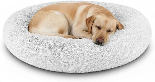 The Dog’s Bed Calming Donut Dog Bed, Plush Faux Fur Round Cuddler Nest – CertiPUR-Certified Foam, One-Piece Design, Raised Bolster – Large (36"), Ice White