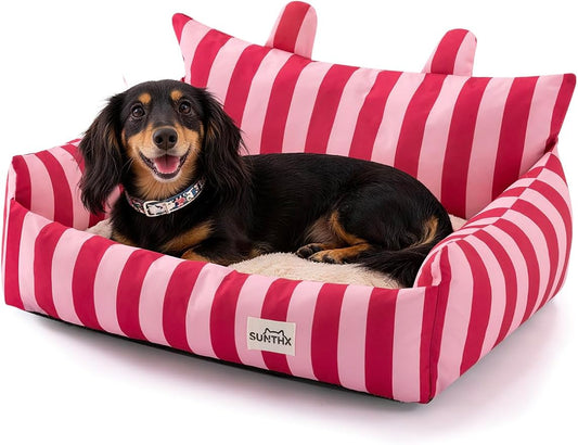 Cat Couch, Reversible Pet Bed for Indoor Cats – 2-Sided Cat Sofa with Oxford Fabric and Plush Fleece, Washable Small Dog Couch for Puppies and Senior Pets, Non-Slip Bottom, 28 inch, Pink Red