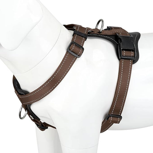Plutus Pet Adjustable No Pull Dog Harness with Leather Accents, Heavy Duty Reflective Nylon Vest for Training, Hiking, Easy Walk Harness for Small, Medium, Large Dogs (Chocolate, XL)