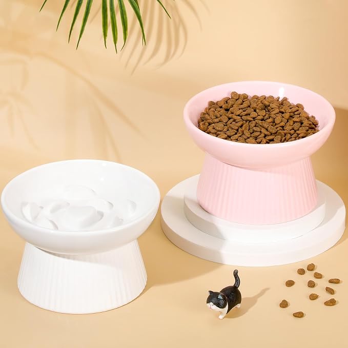 Layhit 2 Pack Raised Slow Feeder Cat Bowls Ceramic Elevated Cat Food Bowls Anti Vomiting Slow Feeder for Dog and Kitten for Dry and Wet Food(Pink, White)