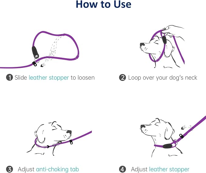 WePet Dog Training Slip Leash, No Pull, Durable Reflective Lead, Puppy Heavy Duty Loop Rope, Comfortable Handle, 6 ft, 1/2 inch, diam. Purple/Black