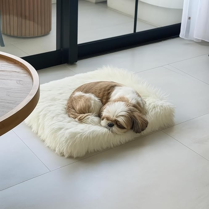IHAPPYDOG Faux Fur Orthopedic Dog Bed, Memory Foam Rectangular Crate Bed for Large XL Dogs, Plush Furry Bed that Looks Like a Rug, Calming Bed for Senior Dogs, Washable Cover - White, Small 23"x18"