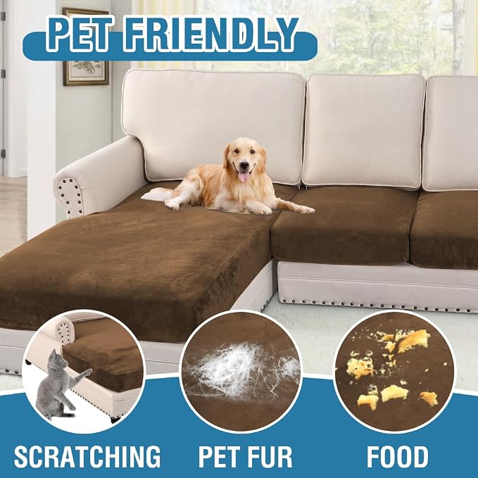 H.VERSAILTEX Velvet Stretch Sectional Couch Covers 4 Pieces Sofa Seat Cushion Covers L Shape Separate Couch Cover for Both Left/Right Sectional Couch (Large Sofa 3 Seater + 1 Chaise, Bronze Brown)