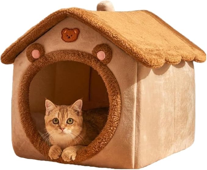 Cat Beds for Indoor Cats, Cute Bear Shape Cat Bed Cave, Pet House Cats Tent with Removable Cushion Pillow for Kittens Puppy Small Dogs (Brown, S-15.7x12.6x13.7in)