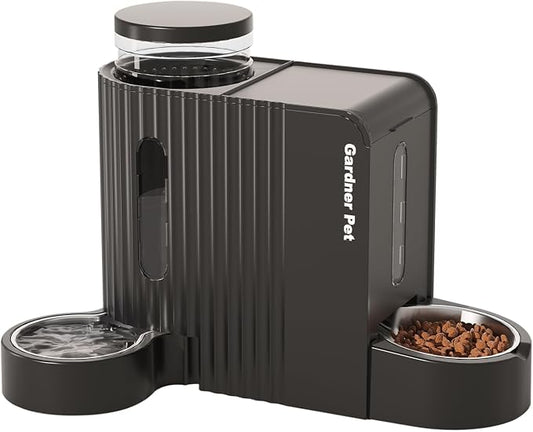 Gardner Pet Gravity Automatic 2-in-1 Pet Feeder, 0.8 Gallons*2 Cat Feeder and Water Dispenser Set, 100% BPA-Free and Stainless Steel Water Bowl for Dogs, Cats, Rabbits, Puppies (Black)