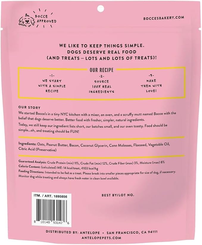 Bocce's Bakery Bac' N Nutty Soft & Chewy Peanut Butter & Bacon Recipe Natural Dog Treats, Wheat-Free, 2 lb (Pack of 1) | All-natural recipe with real ingredients baked in small batches—ideal training rewards or everyday snacks for all breeds