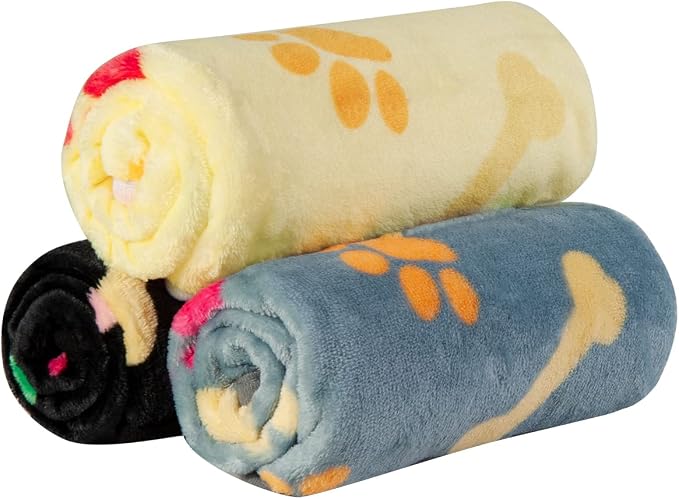 Dono 1 Pack 3 Blankets for Dogs, Soft Fluffy Paw Print Pattern Fleece Pet Blanket Warm Sleep Mat Cute Print Design Puppy Kitten Blanket Doggy Mat for Dog Doggy (Black/Yellow/Gray, M(30 * 20"))