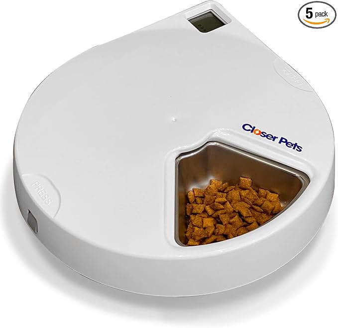 Closer Pets C500 5 Bowl Digital Timer-Controlled Automatic Pet Feeder - 5-Meal Feeder with Stainless Steel Bowl and Ice Packs, Wet or Dry Food, 5 Meals Up to 0.73 lb Each, White