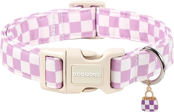 DOGWONG Purple Girl Dog Collar, Purple Checked Girl Dog Collars, Cute Soft Purple Plaid Dogs Collars for Small Medium Dogs, Neck 11-16 inches