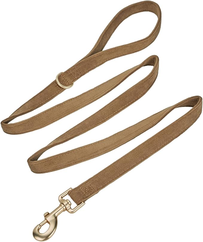 Soft Corduroy Dog Collar and Leash Set Adjustable Durable Dog Collars with Metal Buckle and Lead for Medium Dogs,Brown