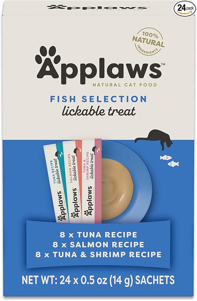 Applaws Lickable Cat Treats, Natural Grain-Free Purée, Made with Limited and Natural Ingredients, No Artificial Additives, Fish Squeeze Up Cat Treats (24 x 0.5 oz Sachets)
