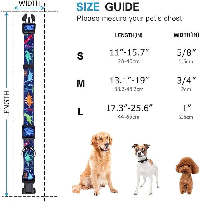 Dog Collar Special Design Personalized Cute Girl boy Soft Collars with Sunflower, Camo, American Flag, Plaid (S(Neck 11"-15.7", Width 5/8"), Cartoon Dinosaurs)