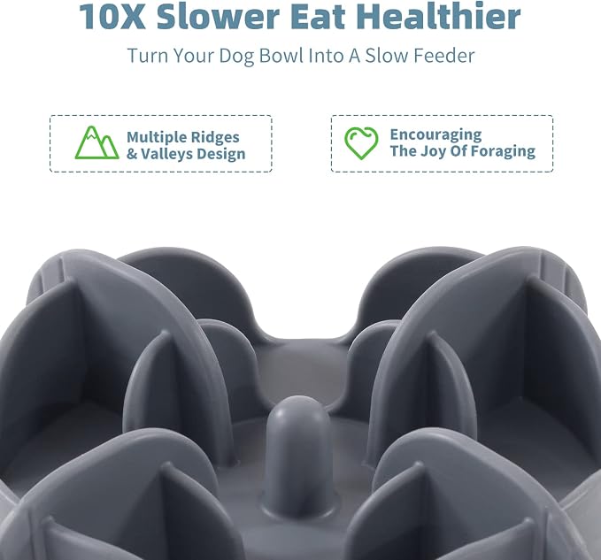 Jaoul Slow Feeder Insert for Small Dogs, Silicone Pet Feeder Accessory with Dividers & Suction Cups, Dishwasher Safe, 5x5 inches, Grey