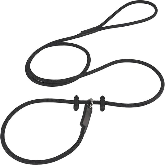 Slip Lead Dog Leash – Strong Nylon Training Rope with Spring-Loaded Adjustable Stopper – 5/16" x 4/5/6ft -No Pull Heavy Duty Leash for Small Medium Large Dogs (Black, 6 FT with 2 stoppers)