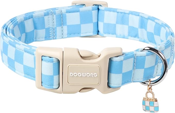 DOGWONG Blue Checkered Dog Collar, Blue Plaid Dog Collars, Adjustable Cute Boy Pet Collars Girl Design Dog Collar for Small Medium Large Dogs,S