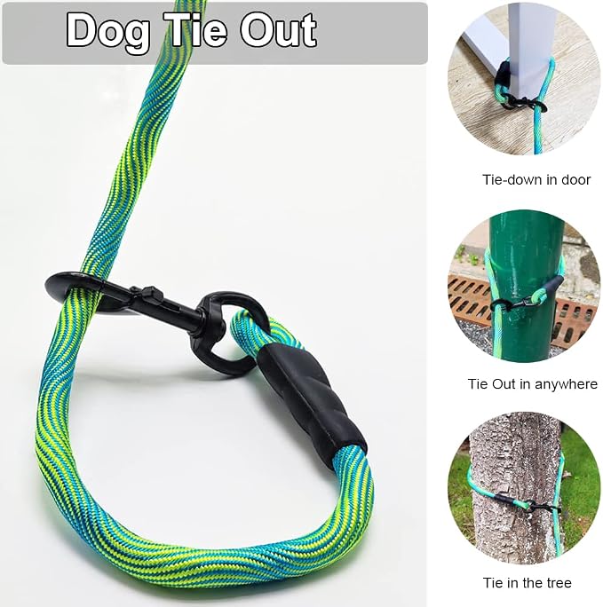 BTINESFUL 8ft 12ft 20ft 30ft 50ft 75ft Dog Tie-Out Long Tether Rope Leash, Outdoor Yard Leash- Large Medium Small Dogs Training, Playing, Camping, Backyard (Green, 12 Foot)