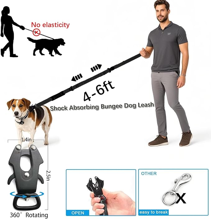 Heavy Duty Tactical Dog Leash, 4-6FT Shock Absorbing Bungee Lead with 2 Padded Handles, Metal Carabiner & Seatbelt Clip, Reflective No-Pull Leash for Medium/Large Dogs Black