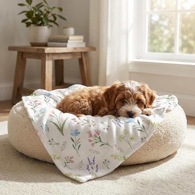 Horaldaily Pets Flannel Blanket, Spring Summer Watercolor Wild Flowers Blooming Soft Fuzzy Fluffy Plush Cozy Fleece Premium Blankets for Dog Cat Puppy Kitten Couch Protection, 20x30