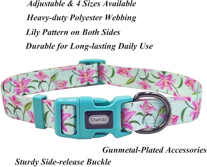 Dog Collar Leash Set, Floral Pattern, Polyester Material, Adjustable Collar and 5ft Matchcing Leash, for Small Dogs.(S, Green Lily)