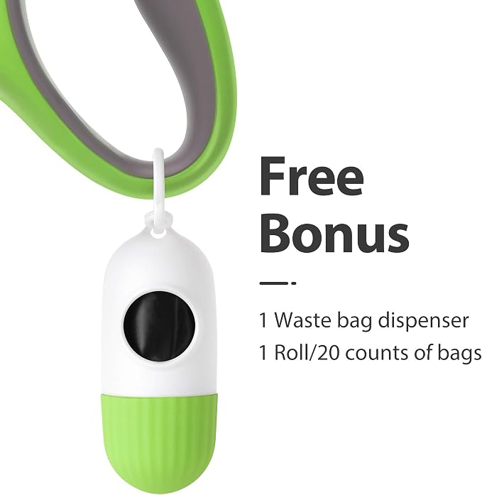 Fida Retractable Dog Leash with Dispenser and Poop Bags, 16 ft Pet Walking Leash for Small Dog or Cat up to 26 lbs, Anti-Slip Handle, Tangle Free, Reflective Nylon Tape (S, Green)
