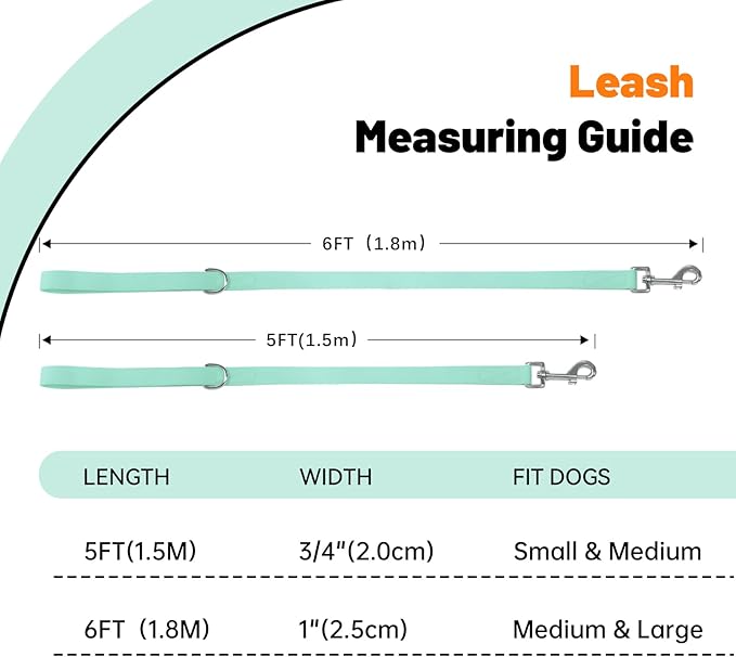 Waterproof Dog Leash, 5/6 FT Durable Odor-Proof Dog Leashes with Strong Metal Hooks Fits Small Medium or Large Dogs (Mint Green, 5FT - 3/4 inch Width)