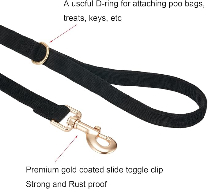 Soft Corduroy Dog Collar and Leash Set Adjustable Durable Dog Collars with Metal Buckle and Lead for Medium Dogs,Black