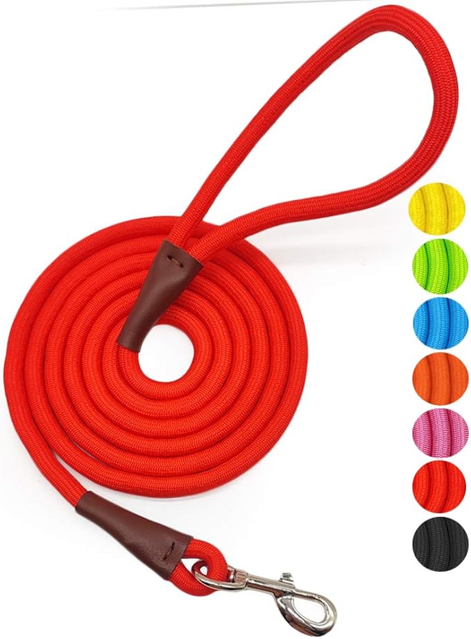 MayPaw 4/6 /8/10 FT Dog Leash, Classic Solid Colors, Strong Nylon Rope Dog Leash Reinforced with Leather Tailor Connection Heavy Duty Silver Clasp (red, 4ft*1/2")