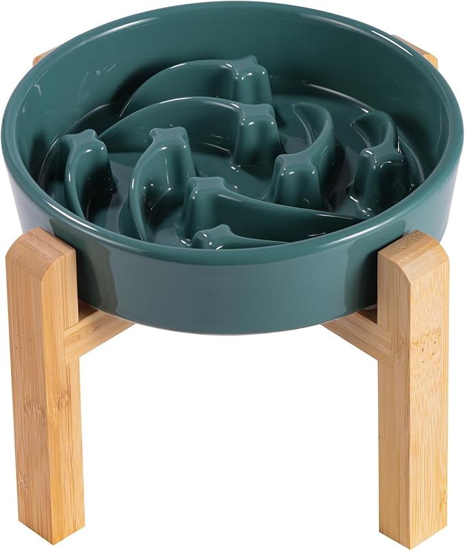 8.26 in Deep Green Dog Bowl Slow Feeder Ceramic for Medium and Large Breed,Elevated/Raised Slow Feeding Dog Food Water Dish Heavy Weighted,Puppy Dish for Fast Eaters,Puzzle Eating Bowl Meteor