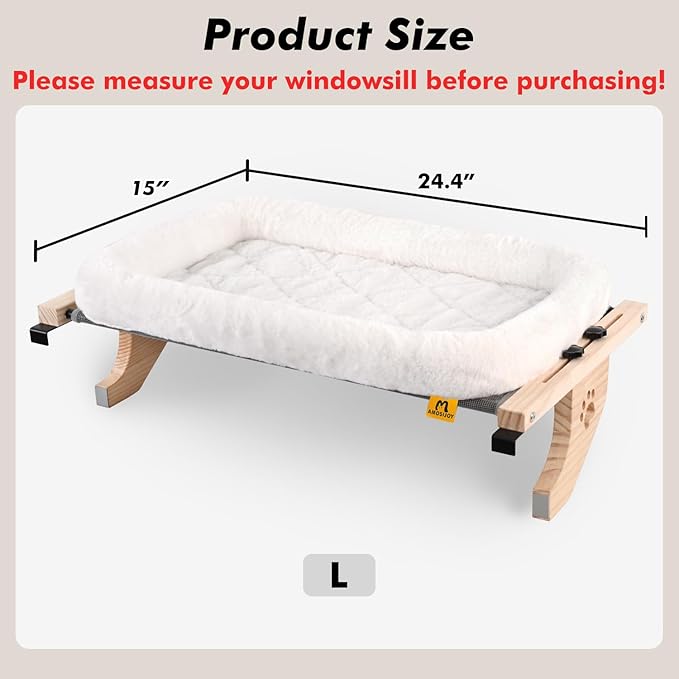 AMOSIJOY Cat Sill Window Perch Sturdy Hammock Window Seat with Cushion Bed Cover, Wood & Metal Frame for Large Cats, Easy to Adjust Cat Bed for Windowsill, Bedside, Drawer and Cabinet(Cushion Bed)