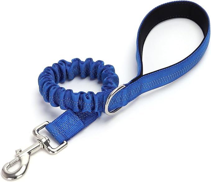 2FT Bungee Dog Leash, Short Nylon Traffic Leash with Padded Handle, Reflective Thread, Shock Absorbing for Large Medium Dogs Training Controlling Walking, Dark Blue
