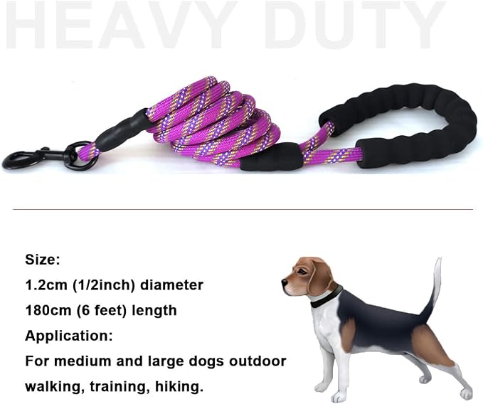 MayPaw Heavy Duty Rope Dog Leash, 6/8/10/15/20 FT Long Nylon Pet Leash, Soft Padded Handle Thick Lead Leashes for Large Medium Dogs Walking Recall Training (6ft * 1/2", Purple)
